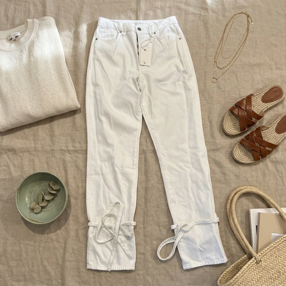 Good American Good Boy Jeans Womens 4/27 White Tie Cuff Straight Leg NWT